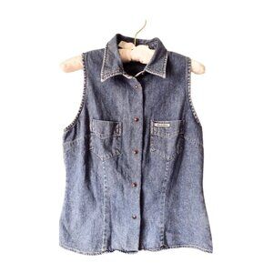 Vintage Y2K Guess Denim Snap Vest Size M Western Biker Sleeveless USA Blue